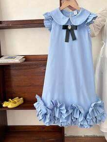 SHEIN Tween Girl Light Blue Summer Cute Floral Print Loose Short Sleeve Elegant Party Vacation Dress, Tween Girl Blue Ruffle Bow Knot Matching Dresses - White - View 10