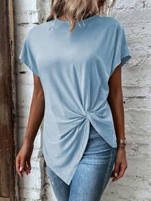 SHEIN LUNE 女士圆领蝙蝠袖扭结下摆休闲纯色T恤 - 淺藍色 - 查看 3