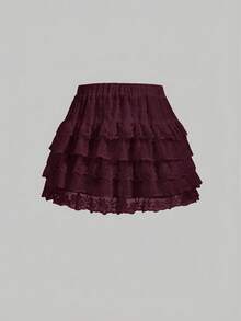 SHEIN MOD Women's Floral Lace Layered Ruffle Hem Short Skirt Ruffled Skirt Layered Skirt Maroon Skirt Burgundy Skirt Frilly Skirt - Burgundy - View 5