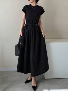 FRIFUL Women's Round Neck Mixed Material Waist Cinched A-Line Dress - Black - View 5
