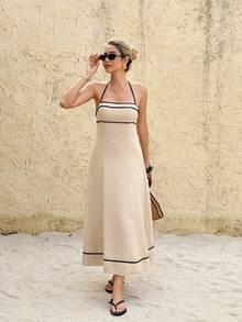 Serisse Đầm nữ cổ yếm buộc dây hở lưng, kiểu dáng thường ngày, thích hợp cho kỳ nghỉ và du lịch. - Màu be - Xem 10