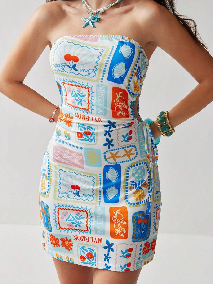 Soleia Vacation Island Elements Hollow Out Drawstring Waist Fitted Tube Dress, Suitable For Holiday, Date, Valentine's Day, Afternoon Tea, Spring/Summer - Multicolor - View 1