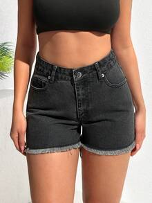 EURMUSE Shorts jeans femininos casuais para férias, uso diário, moda urbana chique e minimalista, cintura alta e barra desfiada, verão. - Lavagem Média - Ver 5