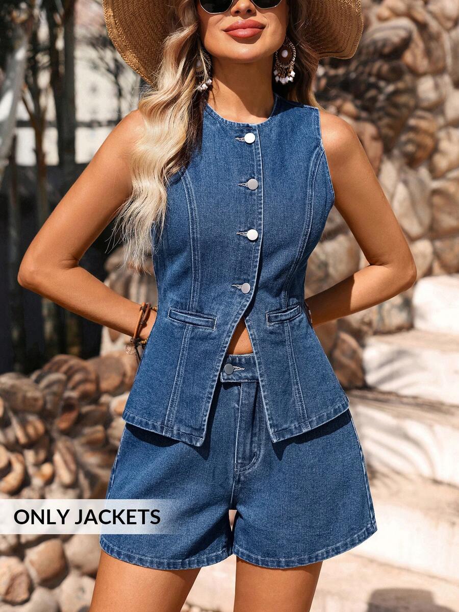 Breezaya Áo denim không tay đơn sắc tối giản dành cho nữ, thích hợp mặc hàng ngày. - Rửa tối - Xem 1