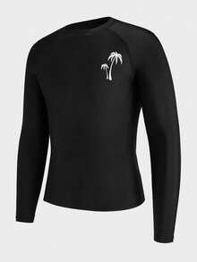 HIMLAND Men's Palm Tree Print Raglan Long Sleeve Rash Guard, Daily Swimwear & Sun Protection - Black - View 4