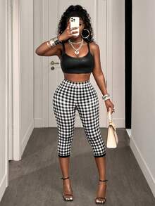 BamGleam Quần legging nữ kẻ caro tối giản phong cách thường ngày - Đen và trắng - Xem 6