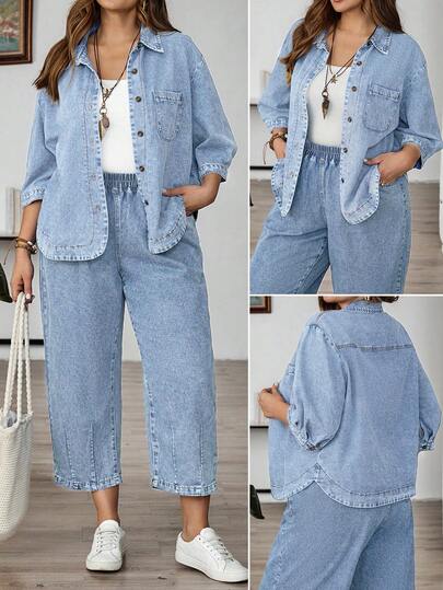 EMERY ROSE 大码女式休闲单排扣牛仔夹克，带口袋，七分袖