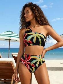 CAJUNI Summer Beach Fashion One Shoulder Bikini Set, Palm Tree Night Scene Print - Multicolor - View 1