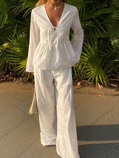 Livesso 2pcs Women Casual Lace-Up V-Neck Loose Top And Wide Leg Pants Set Lounge Sets For Women