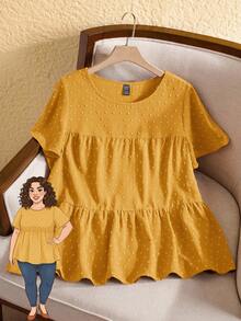 Rusticease Plus Size Women's Solid Color Round Neck Ruffle Short Sleeve Loose Blouse,Boho,Western Wear Women,Vacation, Summer Tops - Yellow - View 1