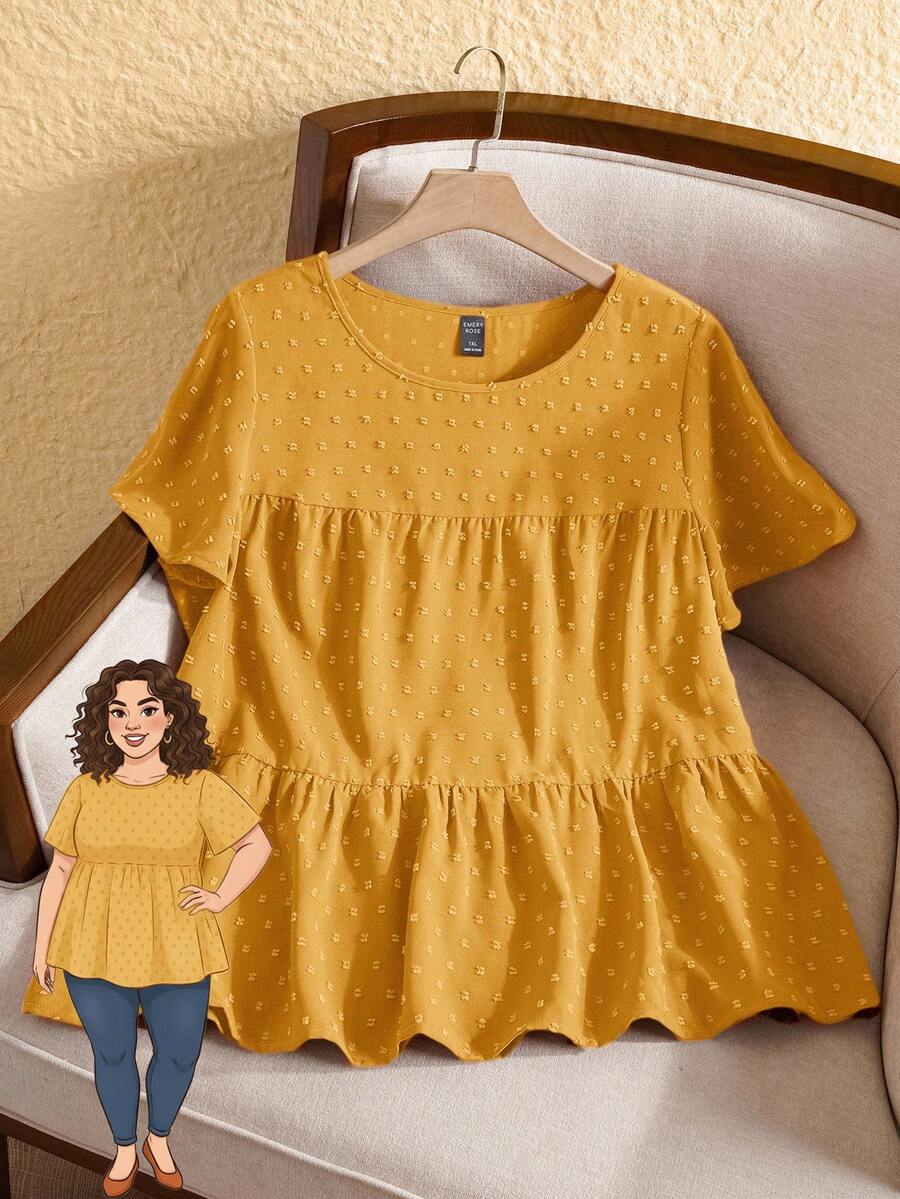 Rusticease Plus Size Women's Solid Color Round Neck Ruffle Short Sleeve Loose Blouse,Boho,Western Wear Women,Vacation, Summer Tops - Yellow - View 1