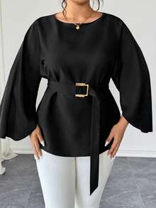 Elenzga Plus Size Women's Elegant French Style Round Neck Flowy Sleeve Self-Tie Waist Shiny Blouse, Spring/Summer/Autumn - Black - View 7