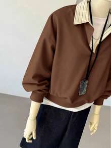 INAWLY 女士休闲宽松落肩卫衣，适合日常穿着和通勤，春秋季款 - 棕色 - 查看 4