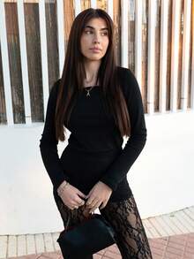 Hitanina 女士纯色长袖修身休闲T恤，带保暖内衬，秋冬季保暖款 - 黑色 - 查看 6