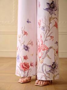 ZEYLAH Women's Elegant Floral Print Loose Suit Pants With Pockets, Spring/Summer