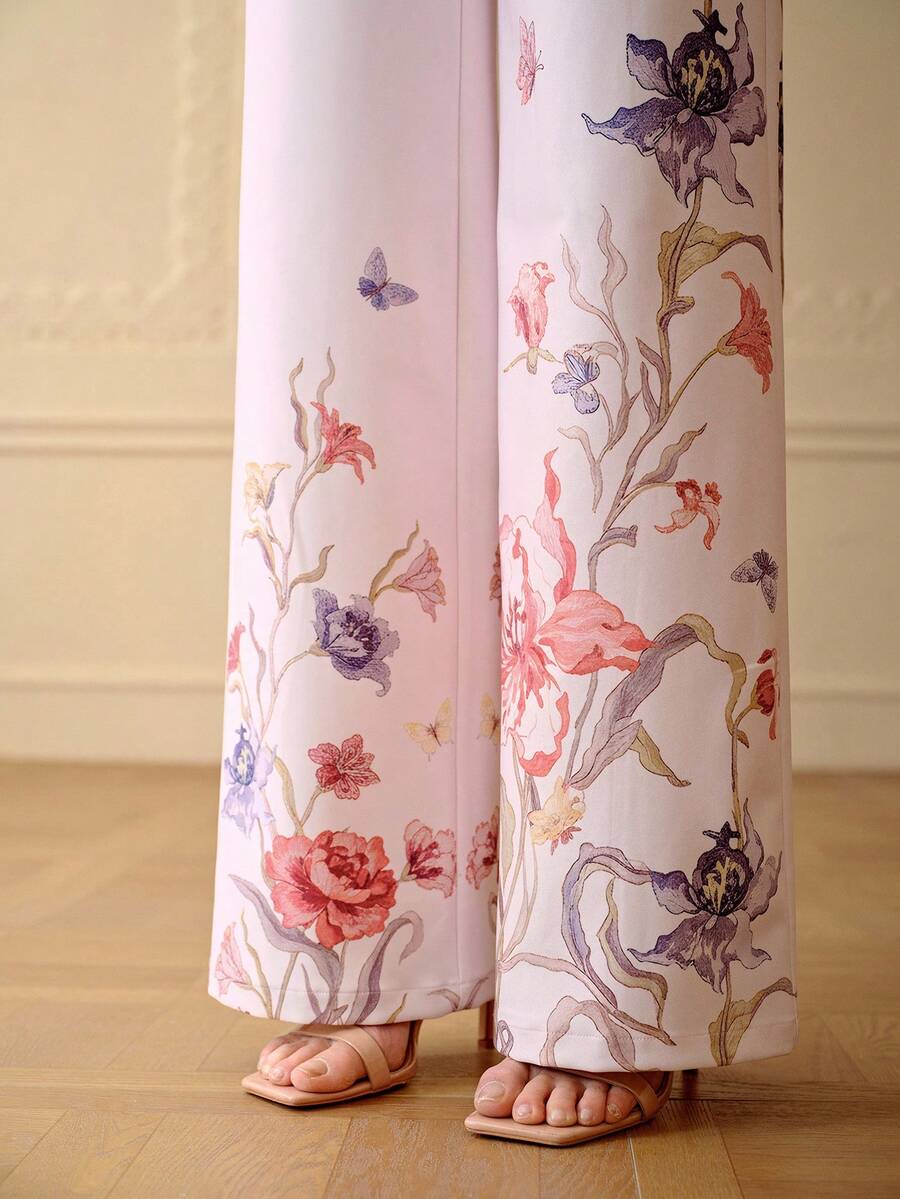 ZEYLAH Women's Elegant Floral Print Loose Suit Pants With Pockets, Spring/Summer