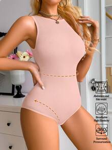 Bộ đồ liền thân nữ kiểu dáng thường ngày, cổ tròn, không tay, quần lót có khóa cài, áo tank top liền mạch ôm bụng, có gân co giãn. - Màu be - Xem 5