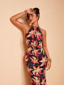 JIAN LASALA Multicolor Tropical Floral Print Halter Sleeveless Backless Long Dress Women Summer Elegant - Multicolor - View 7
