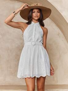 Enchnt Sleeveless Cinched Waist Waist Bodycon Mini Dress For Women - White - View 8