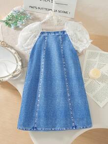 SHEIN Elladie kids Youth Girl Everyday Casual Short A Line Dress Blue Imitation Denim Print Colorblock With Round Neck Short Puff Sleeve Button Front - Blue - View 2