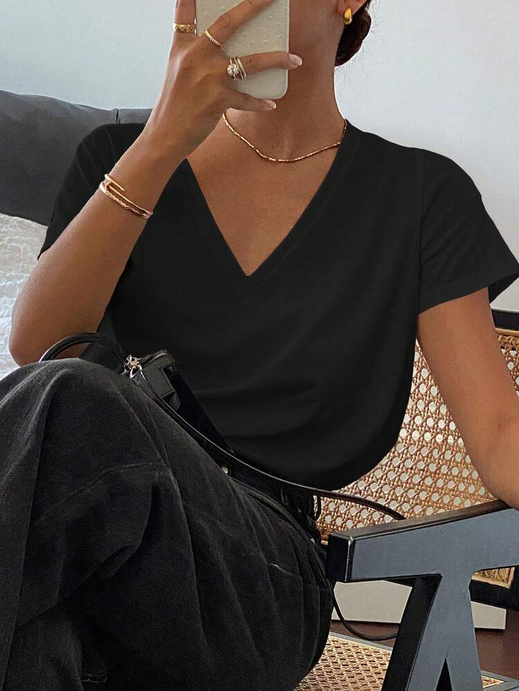 Women's Deep V-Neck Solid Color Casual Loose Short Sleeve T-Shirt