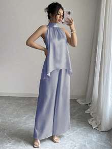 Elenzga 两件套轻盈丝滑褶皱吊带背心和高腰阔腿宽松裤套装，优雅夏季女士套装 - 藍色 - 查看 3