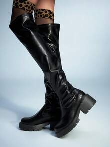 Sugerpunk 女士时尚百搭通勤厚底过膝靴 - 黑色 - 查看 1