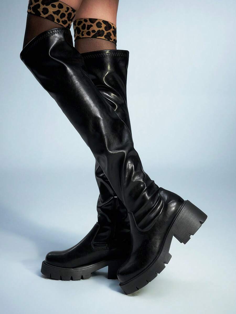 Sugerpunk 女士时尚百搭通勤厚底过膝靴 - 黑色 - 查看 1