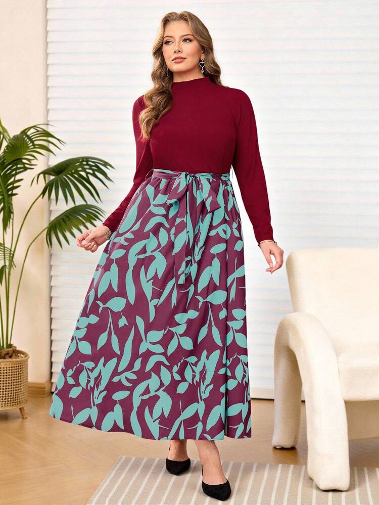 Plus Size Women's Summer  Casual Vacation Mandarin Collar Color Block Twist Waist Casual Midi Dress, Long Sleeve,Flower Print Dress,Early Spring,Spring Break Outfits ,Vacation Outfits Women ,Holiday Outfits For Women,Spring Dress Women,Going Out Outfits,2026 New Clothes,Simple And Fashionable For Everyday Wear, Long Sleeve Maxi Dress Women, Casual Long Dress, Plus Long Dress