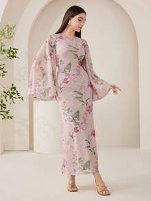 Veilorie 女士印花圆领喇叭袖修身优雅连衣裙 - 彩色 - 查看 4