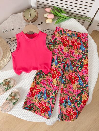 SHEIN Young Girls 2pcs/Set Vacation Summer Beach Sleeveless Top And Loose Elastic Waist Wide Leg Pants Outfit, Suitable For Holiday Travel