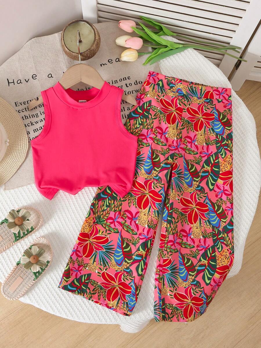SHEIN Bộ đồ 2 món cho bé gái đi nghỉ hè, gồm áo không tay và quần ống rộng cạp chun, thích hợp cho du lịch. - Nhiều màu - Xem 1
