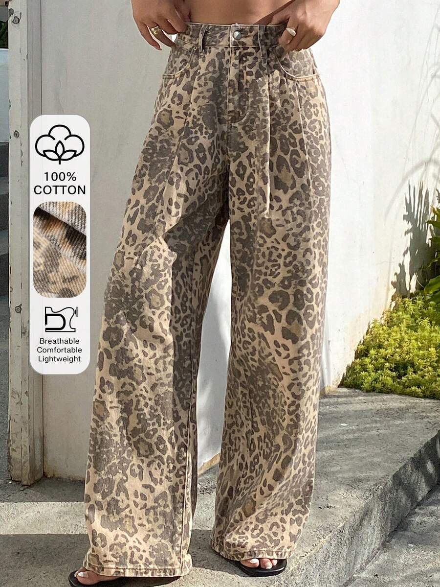 DAZY Jeans de talle alto casual con estampado de leopardo para mujer, otoño/invierno Y2k - Café integral - Ver 1