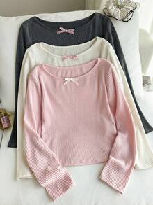 Comfortcana 大码休闲家居长袖T恤，带蝴蝶结，多件装 - 彩色 - 查看 1