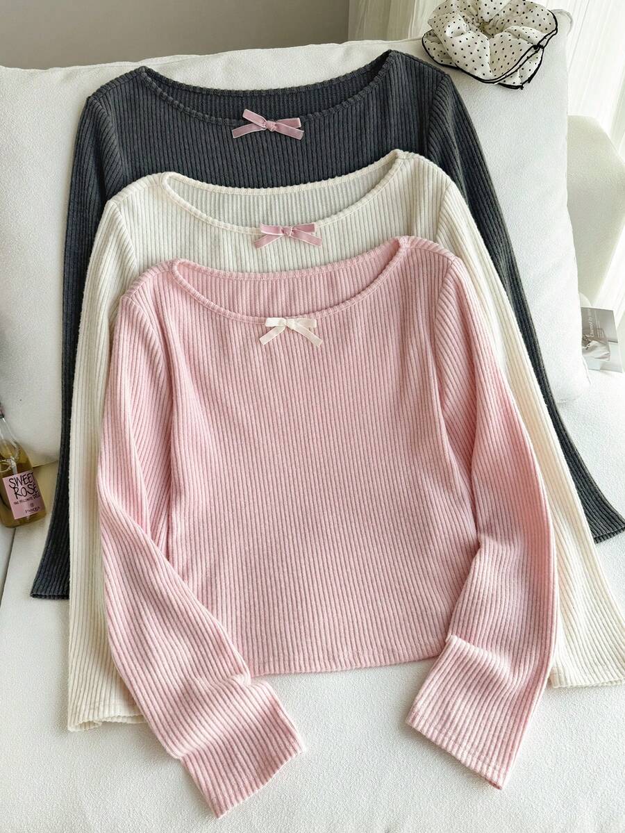 Comfortcana 大码休闲家居长袖T恤，带蝴蝶结，多件装 - 彩色 - 查看 1