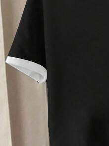 2件套少女休闲黑白爱心印花撞色领短袖上衣和短裤套装，适合春、夏、秋季户外、街头穿着，爱心设计，黑白撞色，舒适日常穿着，经典款 - 黑色 - 查看 4