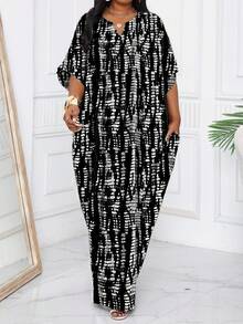 SHEIN Lady 2025新款休闲度假风印花长款加大码V领长袖纯色拼接宽松休闲连衣裙，吊带裙，女士夏季连衣裙 - 彩色 - 查看 3