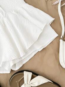 SHEIN Teen Girl Cute Summer White Skort Casual Beach Holiday Vacation Woven Textured Fabric Ruffles Drawstring Smocked High Waist Layered Ruffled Hem Shorts - White - View 4
