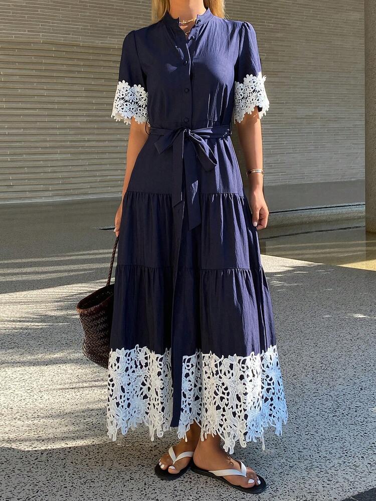 Lace Applique Waist Cinched Midi Dress For Women, Vacation Sundress