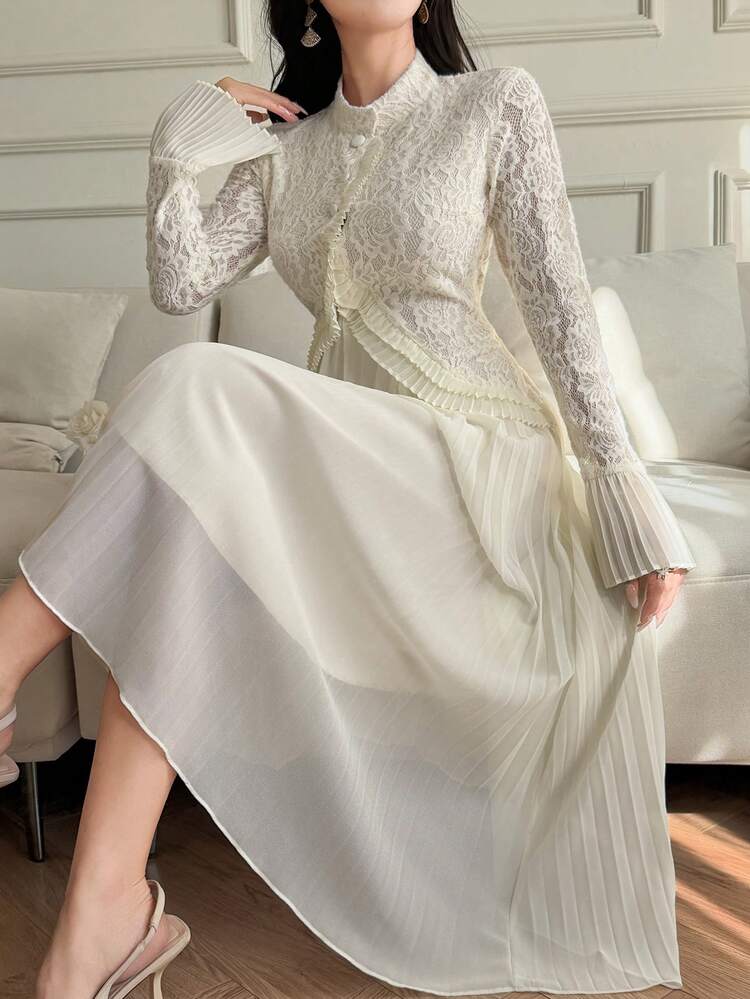 High Collar Lace Patchwork Top And Casual Mid-Length Skirt Dress For Women, Wedding Guest Dress Women Dress Sundress