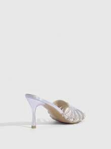 CUCCOO SZL Women's Fashion Square Toe Voltage Upper Rhinestone Decorative Stiletto Party Sandals Prom Heels Summer Shoes - Light Grey - View 3