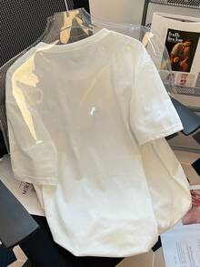 Lyxana Women's Casual Heart Print Rhinestone Bow Decor Short Sleeve T-Shirt, Summer - White - View 2
