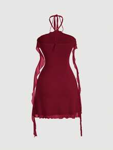 SHEIN MOD Wine Red Halter Neck Floral Decor Ruffle Collar Tie Romantic Stretch Knit Mesh Women Dress - Burgundy - View 2