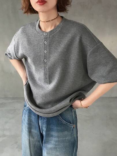 FRIFUL Women's Casual Solid Color Drop Shoulder Button-Up T-Shirt, Summer