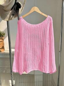 SHEIN EZwear 大码女式针织休闲度假纯色半透明毛衣，秋季款 - 粉色 - 查看 2