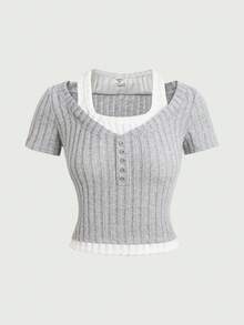 SHEIN Girlism Teen Girl Colorblock 2 In 1 Design Fitted Short Sleeve T-Shirt, Summer Knit Top, Short Sleeve Top, Ribbed Knit Top - Light Grey - View 3