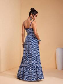 JIAN LASALA All-Over Print Spaghetti Straps Sleeveless Bustier Top Ruffled Women Maxi Dress Vacation Casual - Blue - View 2