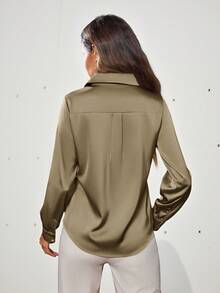 Aveloria Modichic Solid Color Button Down Long Sleeve Shirt Holiday Party Clothes Button Up Shirt Women  - Khaki - View 5