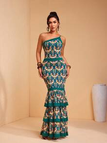 JIAN LASALA Contrast Blocked Print Mesh Asymmetric One-Shoulder Layered Ruffled Sleeveless Women Long Dress - Green - View 4