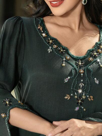 Layrah Copper Ammonium Rayon Natural Fabric Comfortable Skin-Friendly Handmade Rhinestone Embellished Arabic Style Dress